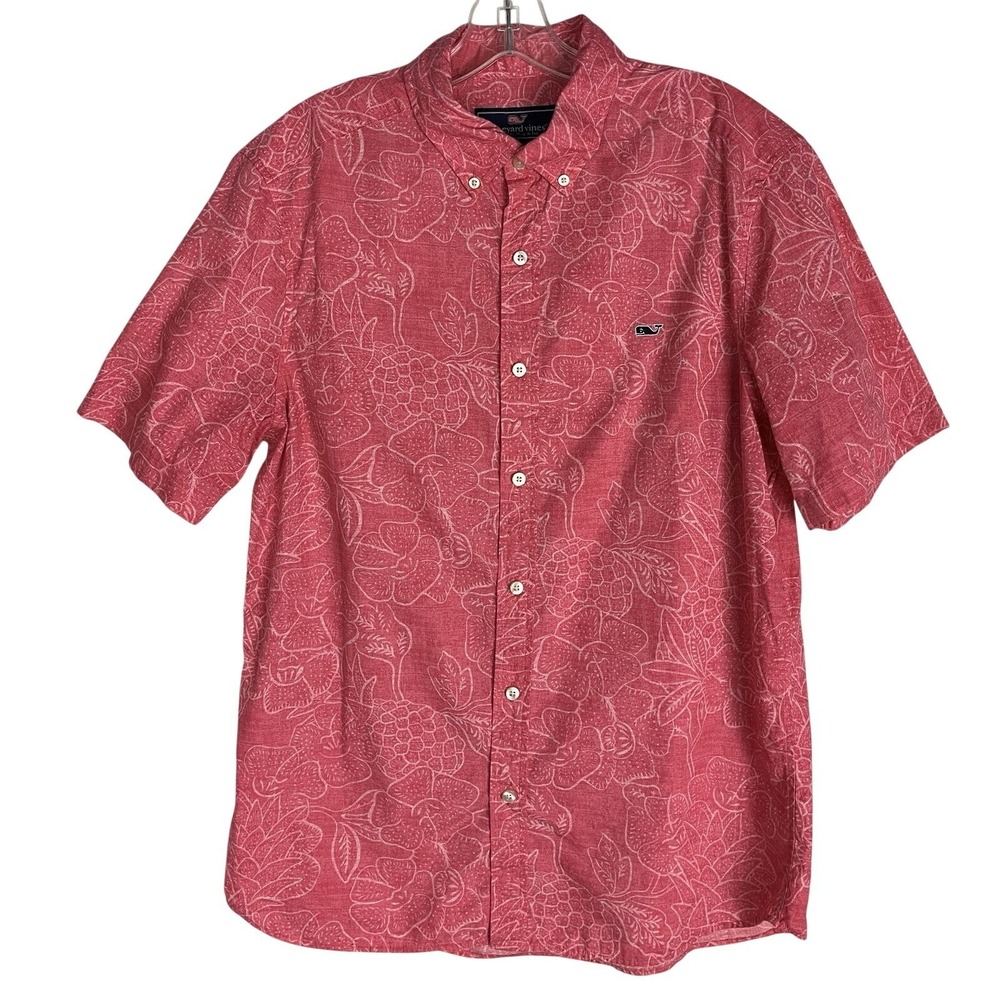 Vineyard Vines Whale Shirt Men's M Pink  Floral Short Sleeve Cotton Button Down‎